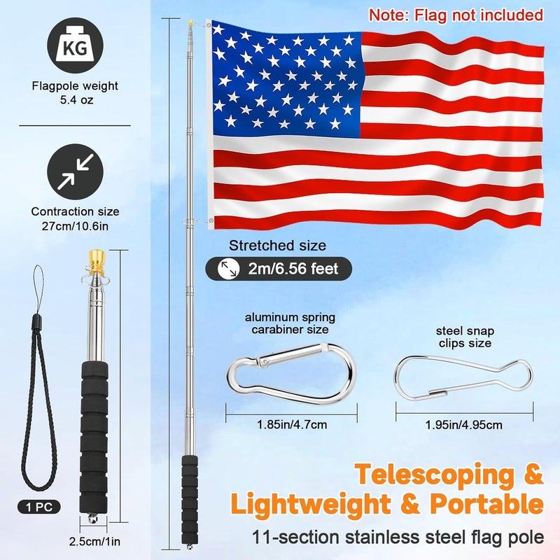 CATMOOW Portable Telescopic Handheld Flag Pole for Carrying, 6.56Ft/2M Stainless Steel Telescoping Hand Held Flag Pole to Carry, Extendable Tour Guide Flag Pole, Flagpoles with Clips for 3x5 Flag - Image 2